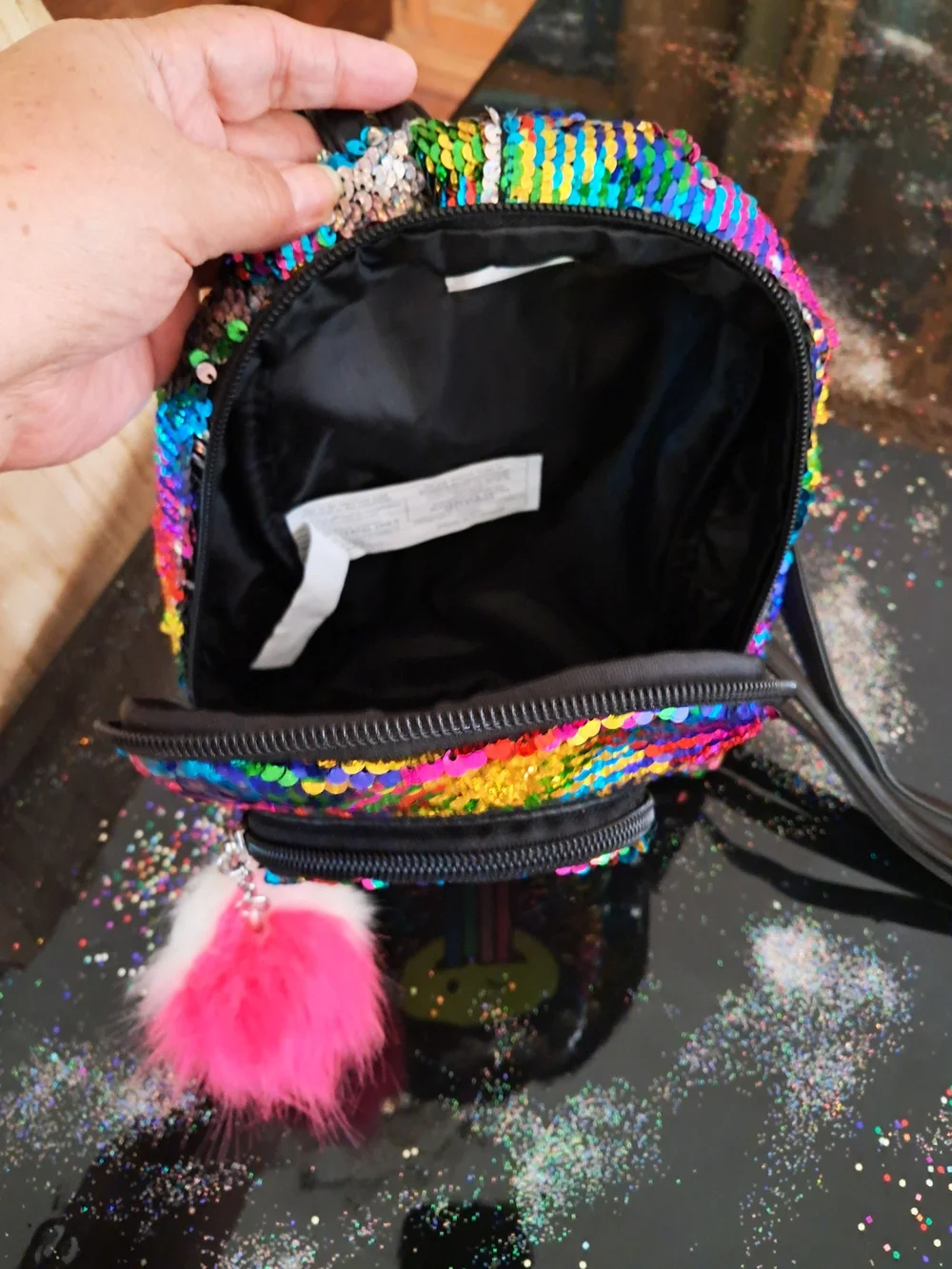 Sequin Rainbow Emoji Kids Mini Backpack with Pom Pom